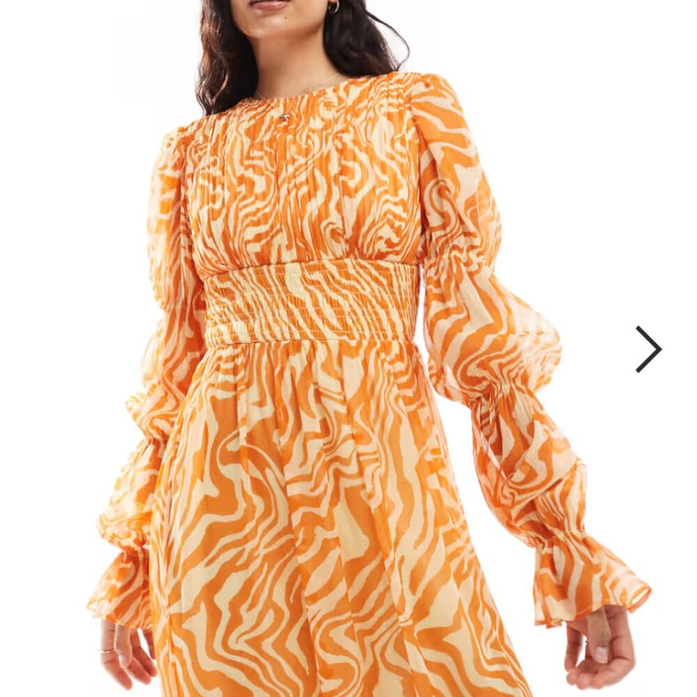 ASOS DESIGN shirred waist blouson tiered sleeve maxi dress in orange zebra print